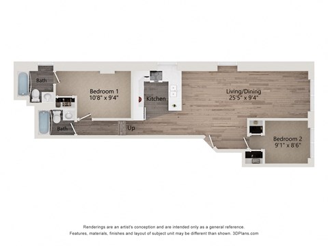 Floor plan for 2 beds, 2 baths, 928 sqft